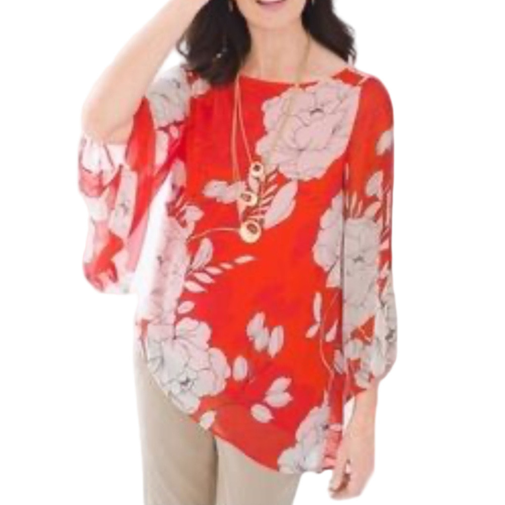 Chico's Red Floral Asymmetrical Blouse